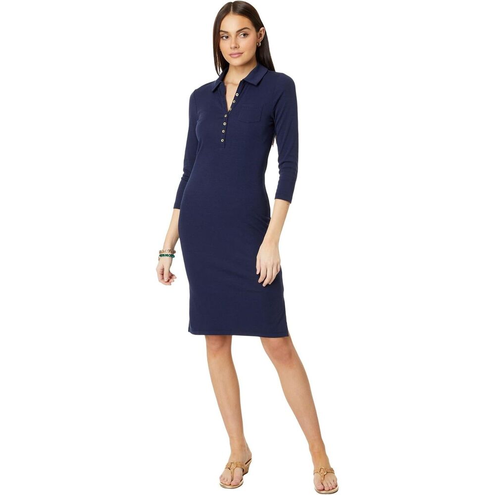 Lilly Pulitzer Reema 3/4 Sleeve Polo Shirt Dress in Navy Blue & Gold size XS